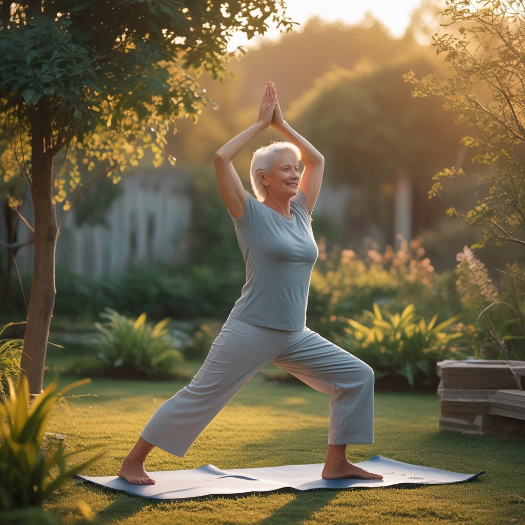 An older adult in their 60s performing a gentle tree yoga pose outdoors in a peaceful garden setting, warm golden hour light, surrounded by green plants and calm natural scenery